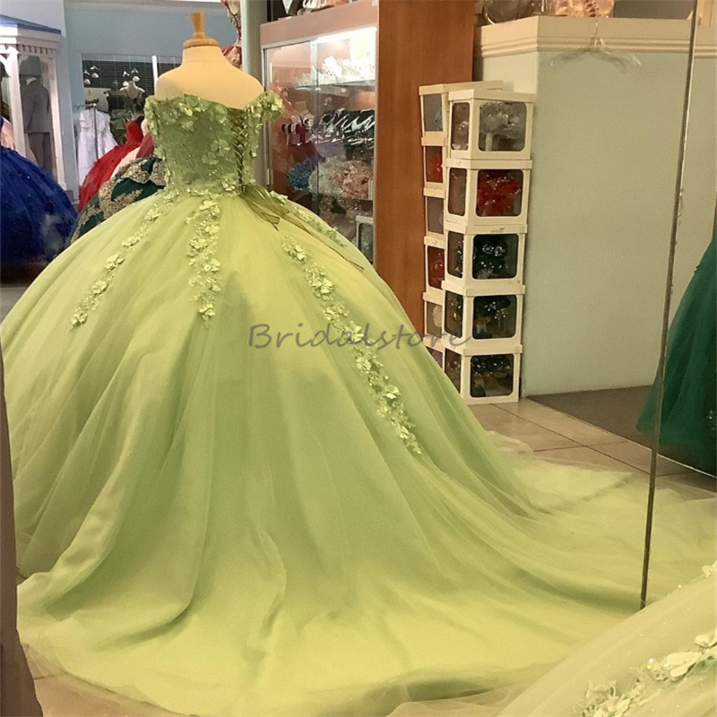 Graceful Sage Green Vestidos De 15 Quinceanera Dress Elegant Off Shoulders 3D Florals Beaded Birthday Sweet 16 Dress Custom Made Ball Gown Prom Dress 