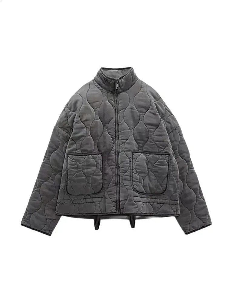 TRAF Womens Diamond Plaid Cotton Jacket Round Neck Loose Long Sleeve Zipper Retro Street Fashion Pocket Warm Top 240925