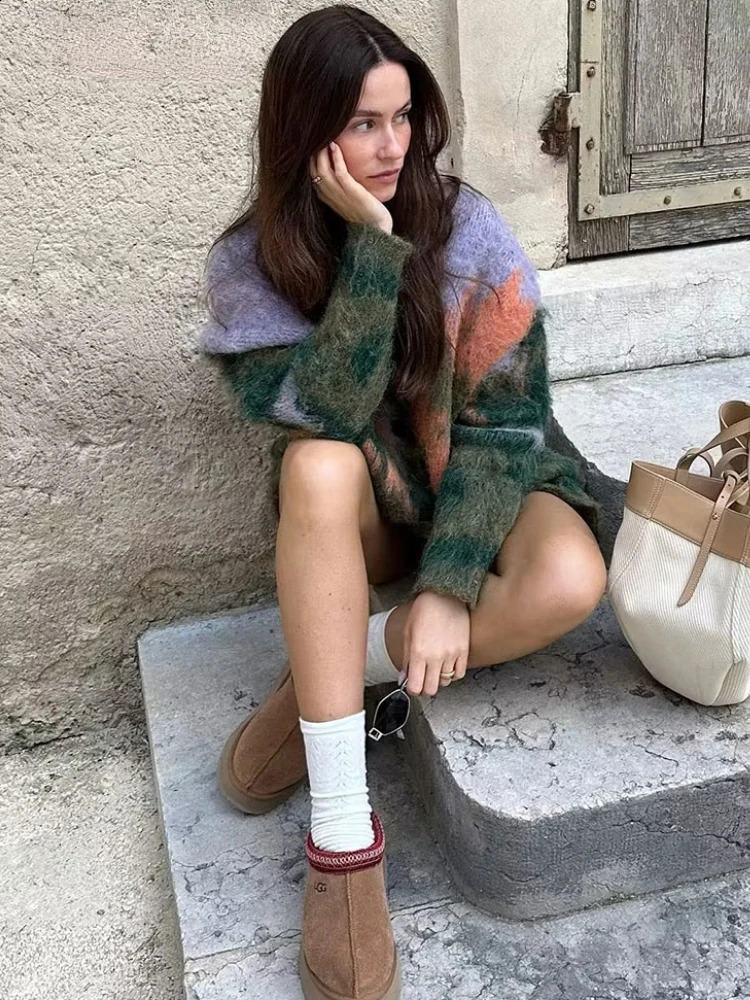 ZBZA Knitted Printed Cardigan Loose Colorful Vneck Vintage Landscape Pattern Single Breasted Sweater Autumn Female Chic Outwear 240919