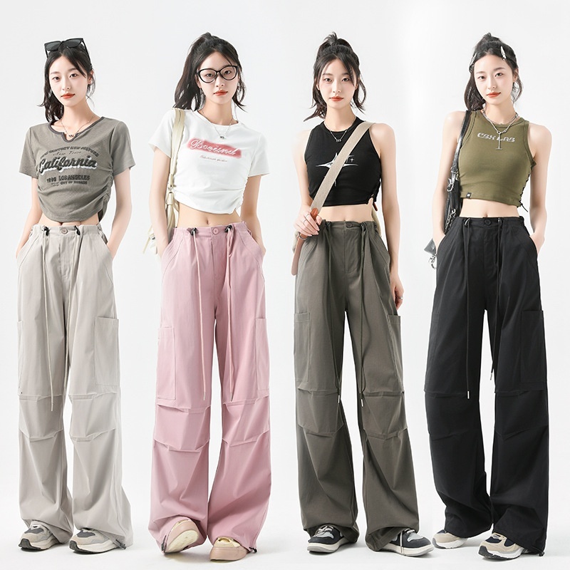Radish Uncle Work Female 2024 New Summer High Waist Show Thin Parachute Loose Leg Tight Sports Pants