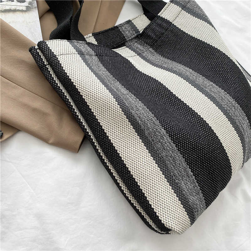 CMM Korean Canvas Shoulder Bag Autumn Winter New Artistic Stripe Large Capacity Student Tote Bag Fashion Shopping Bag