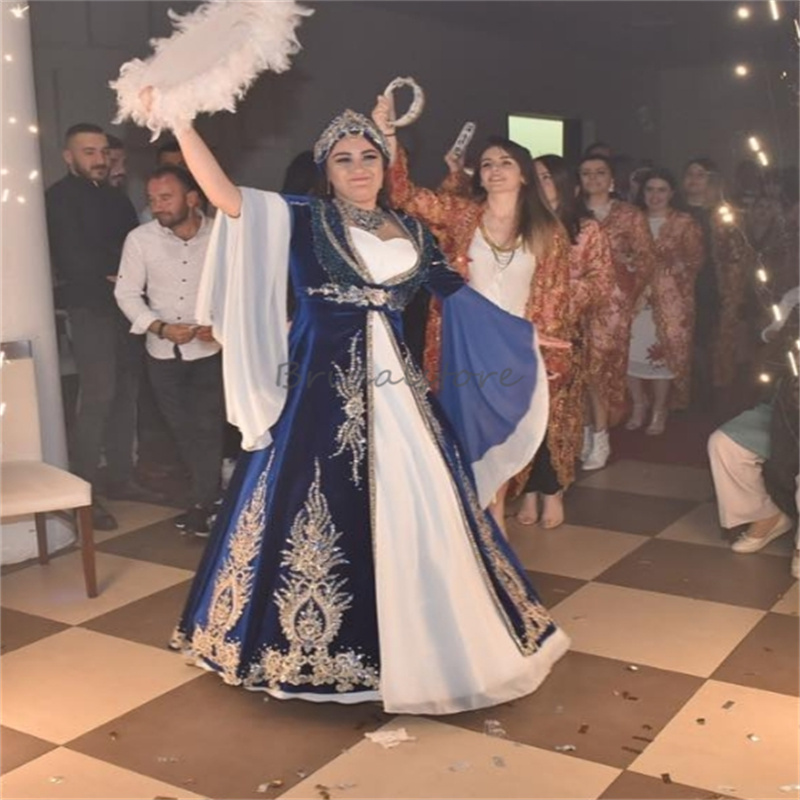 Luxury Navy Blue Turkish Wedding Dresses Sparkly Beaded Long Sleeve Moroccan Fantasy Aesthetic Bridal Gowns Pakistani Bride Dress Arabic Vestido De Ca