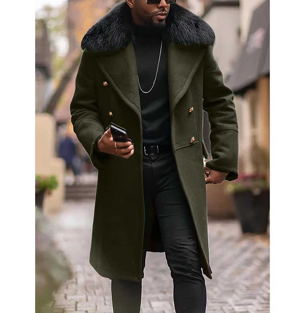 Winter warm mens European and American wool coats with double-layer high-quality fur collar and medium length mens coats W240925