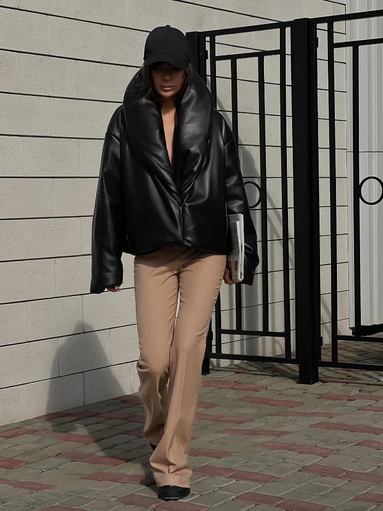 RR2832 Sheepskin Leather Cotton Winter Jackets Women Sexy Streetwear Puffer Cotton V Collar Thick Leather Parkas Women 240919