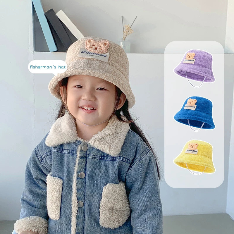 Cute Bear Childrens Basin Hat Winter Baby Plush Fishermans 210 Years Thick Cashmere Windproof Warm Bucket Pad 240925