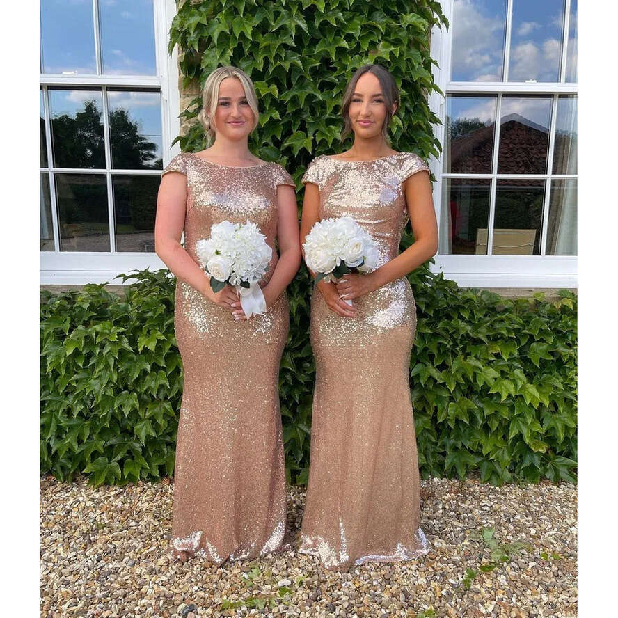 Sequined Dresses Gold Bridesmaid Low Cowl Back Sheath Mermaid Cap Sleeve Evening Prom Gowns Backless Wedding Guest Party Dress Cps344 less