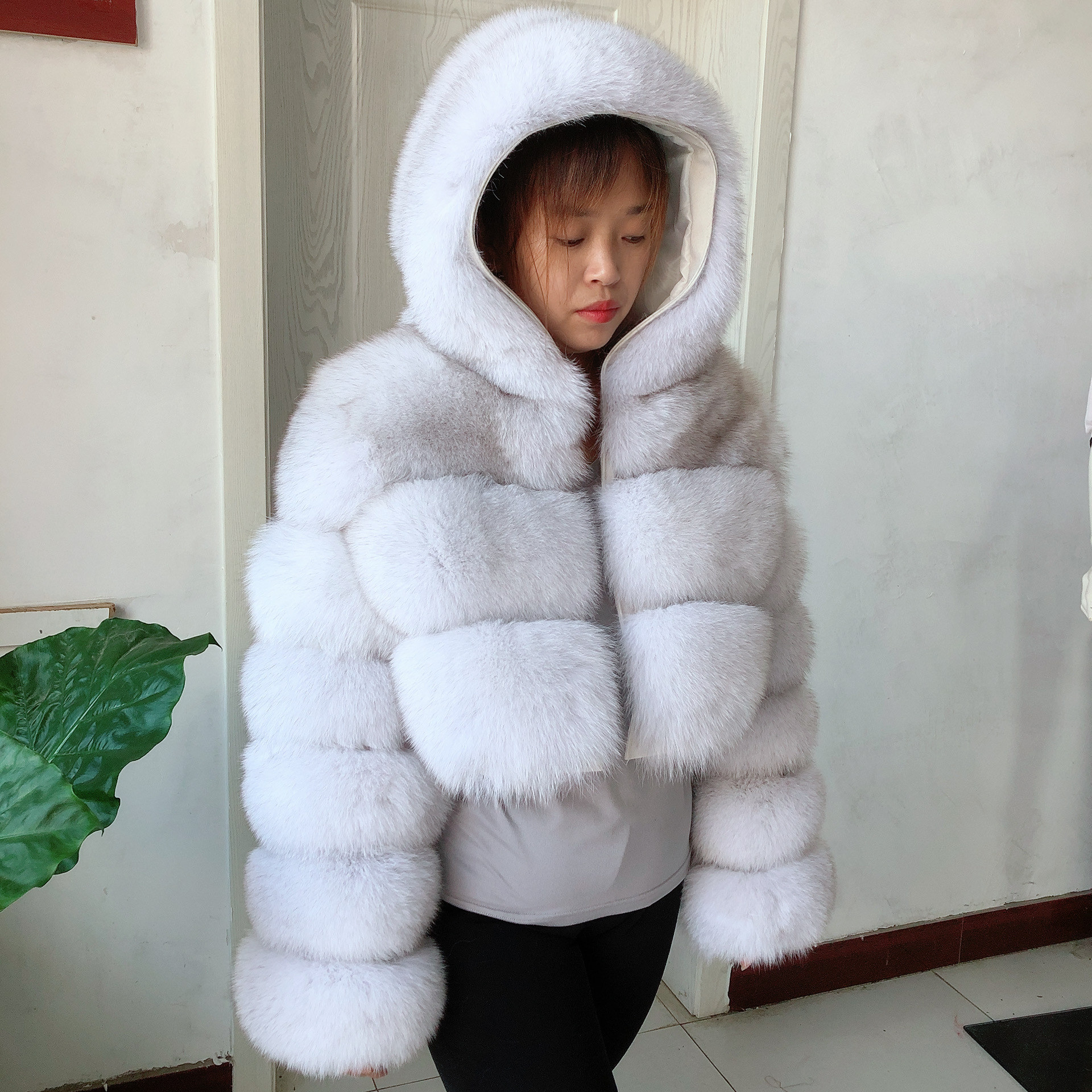 Natural New High Street Women Winter Jacket Real Fox Natural Raccoon 3 Rows Hooded Fur Coat