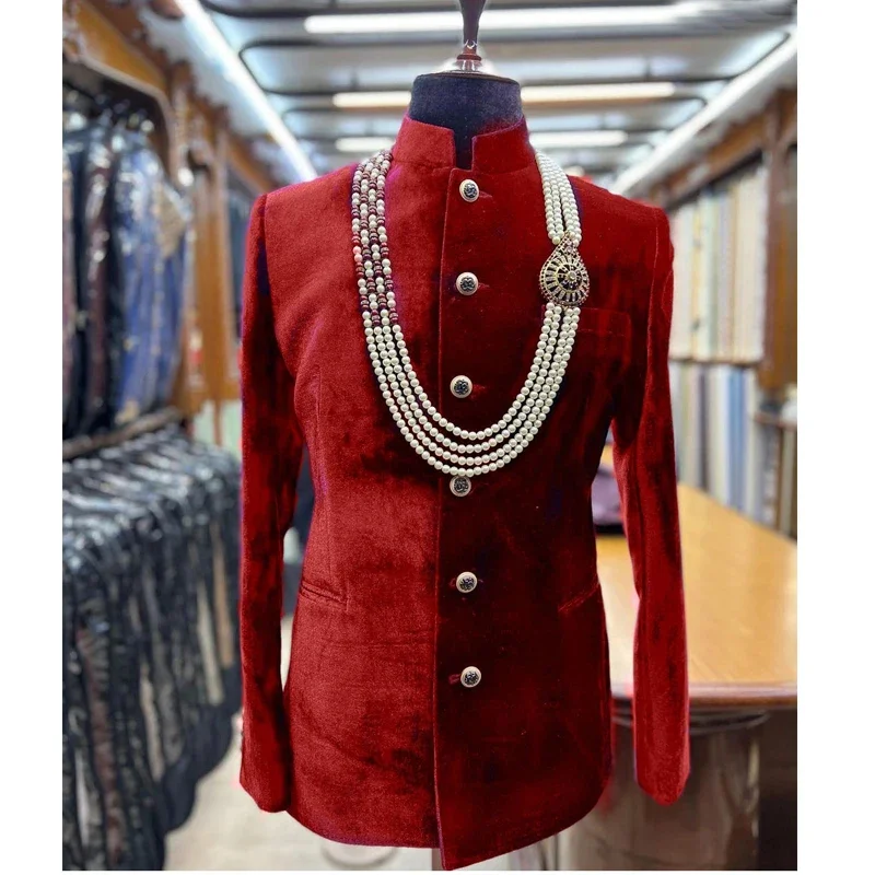 Velvet Men Suit Jacket for Wedding with Mandarin Stand Collar Italian Style 1 Piece Groom Male Blazer African Fashion Coat 2024