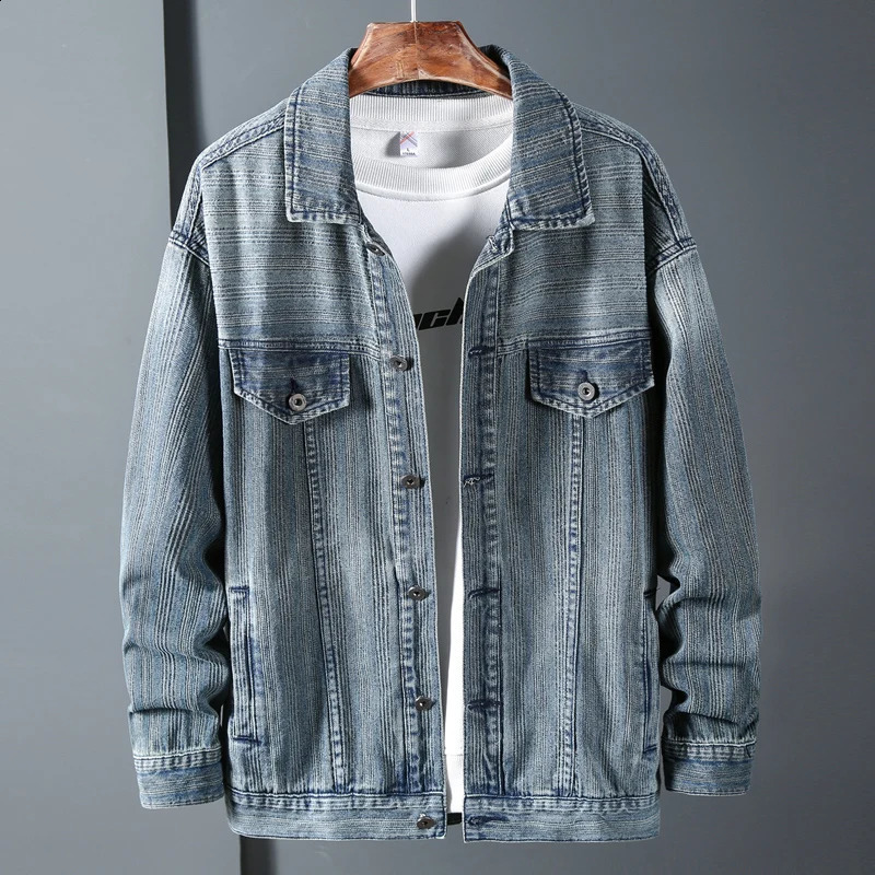 Mens retro striped blue denim jacket autumn Korean fashion pocket elastic cotton casual Plus size 5XL 240921