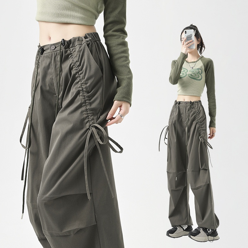 American work women's spring and autumn hiking 2024 high waist loose wide leg bow casual sports pants