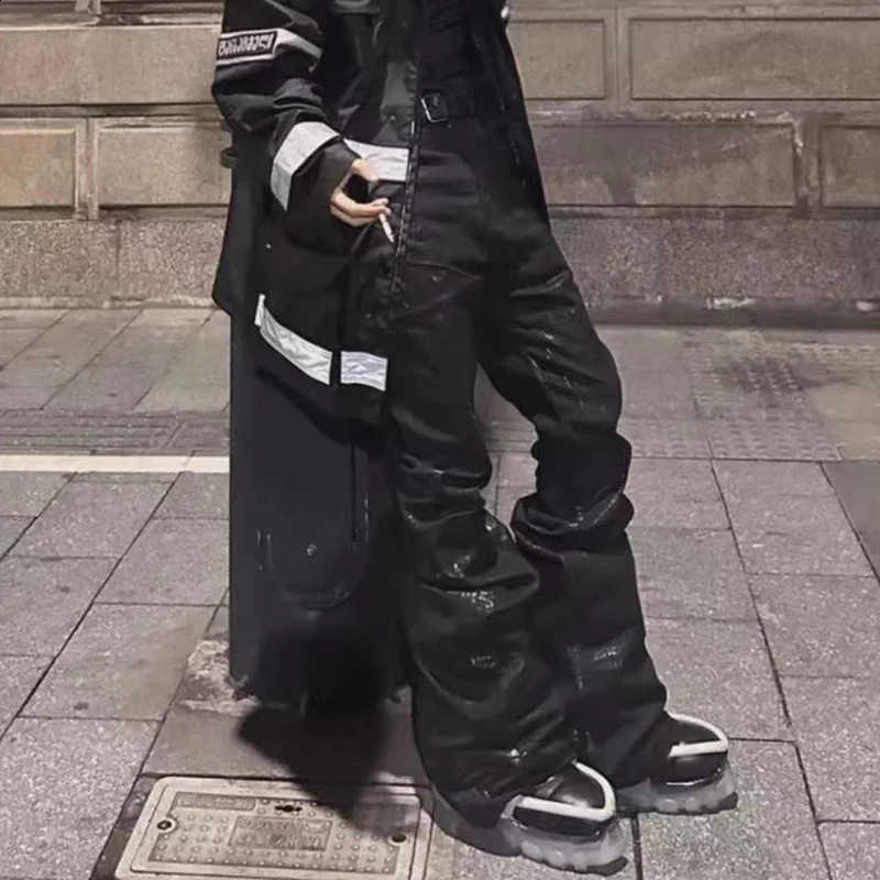 PFNW black style coated waxed ribbon mens jeans punk street floor length weight loss fashion pants autumn Trousers 28W4556 240925