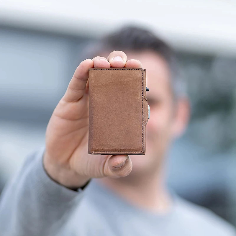 Pop-Up Credit Card Case RFID Protection Genuine Leather Wallet with Compartment Notes Coins for Men and Women 240924 4