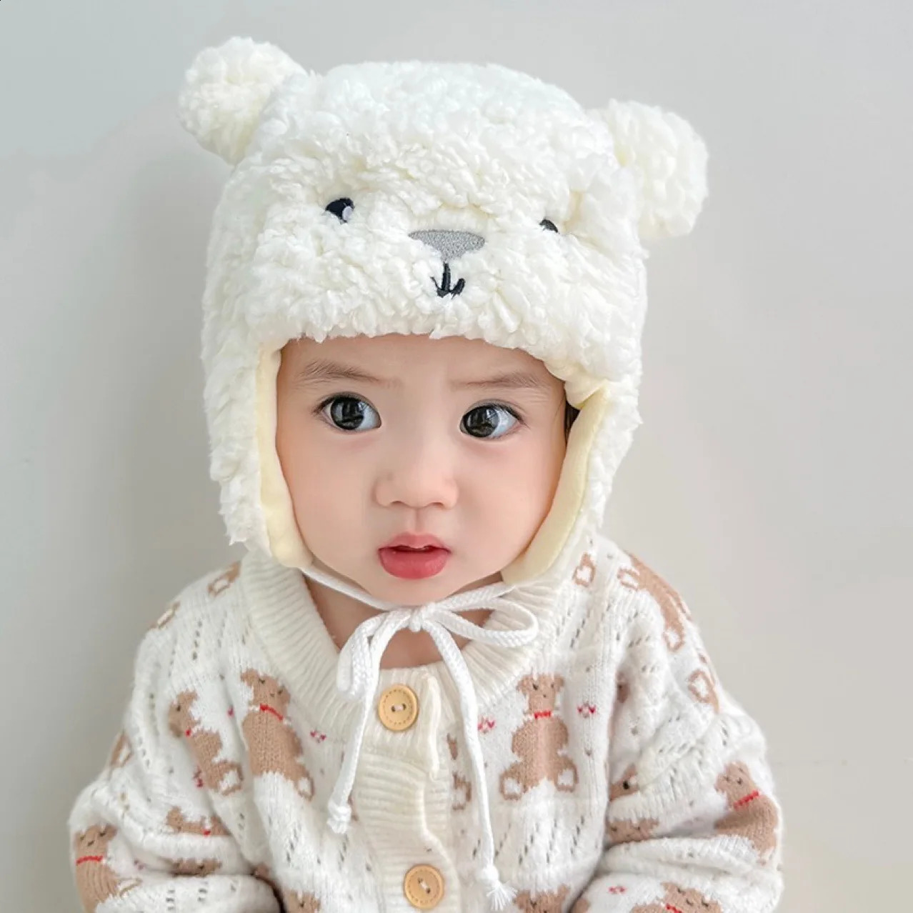 Cute bear baby earmuffs cashmere winter warmth born beanie hat outdoor toddlers boys girls warm 240925