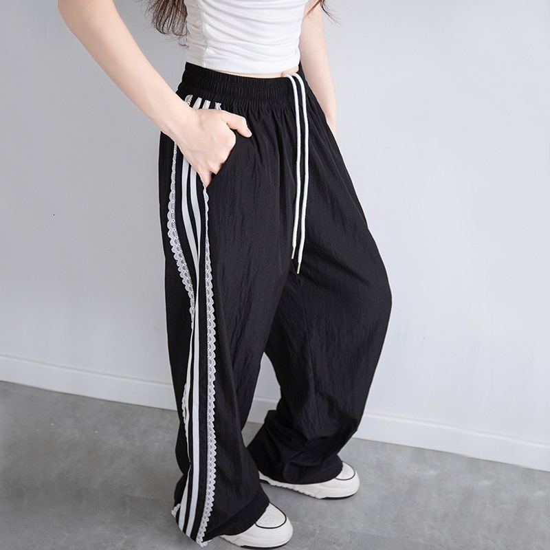 Lace lace wide for women, 2024 Spring and Autumn new high waisted sports pants, hanging loose quick drying straight leg pants