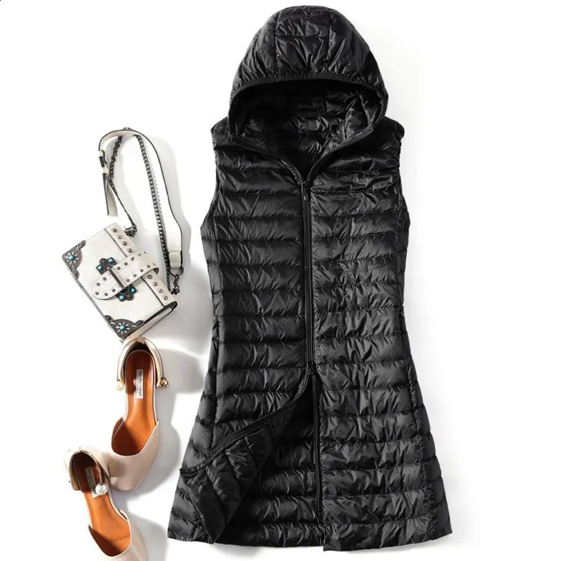 Womens ultra light white duck down vest ultra-thin sleeveless hooded jacket autumn womens long waist coat cushioning suit Parkas top 4XL 240925