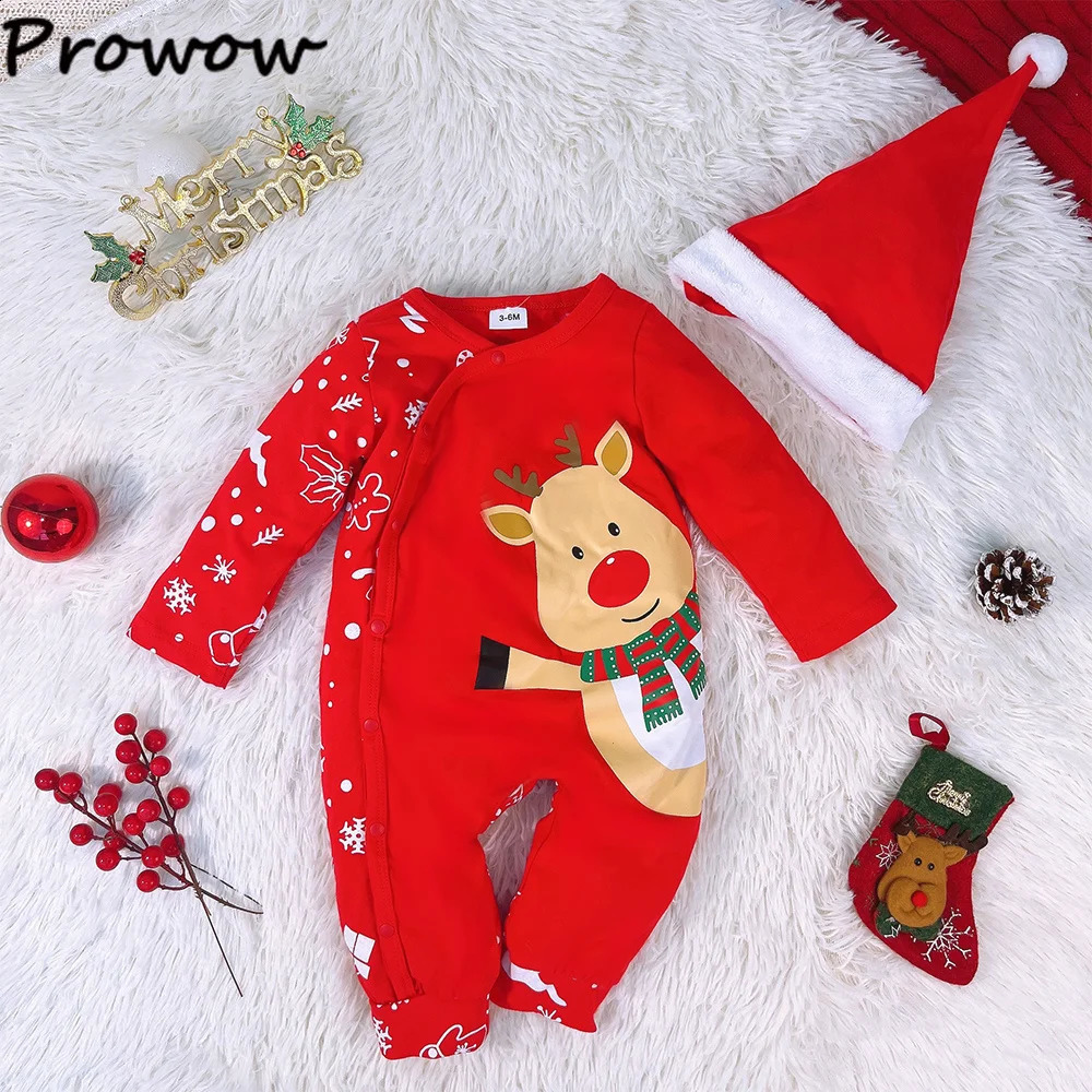 Prowow Baby Christmas Costume Boy Cartoon Deer jumpsuit and Santa hat My first Year costume 240925