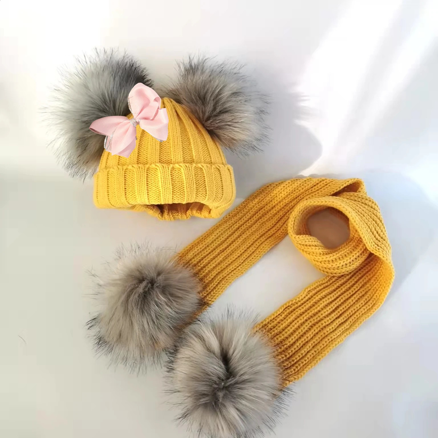 Winter children toddlers infants faux fur butterfly straps hats and bunnies with two double pom poms scarf girl ear caps 240925