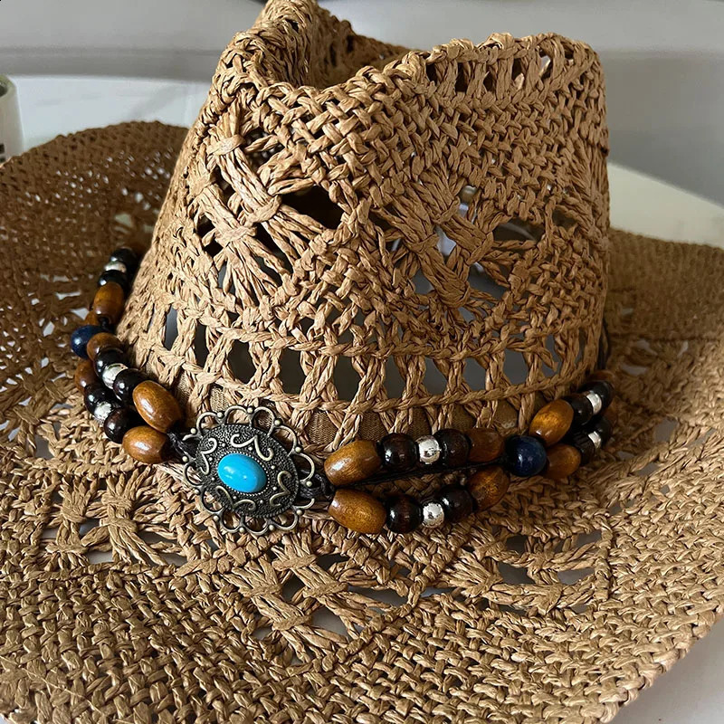 Vintage Summer Beach Bohemian Straw Hat Shell Womens Western Cowboy Hat Wooden Bead Hollow Sun Hat Holiday Hat 240924