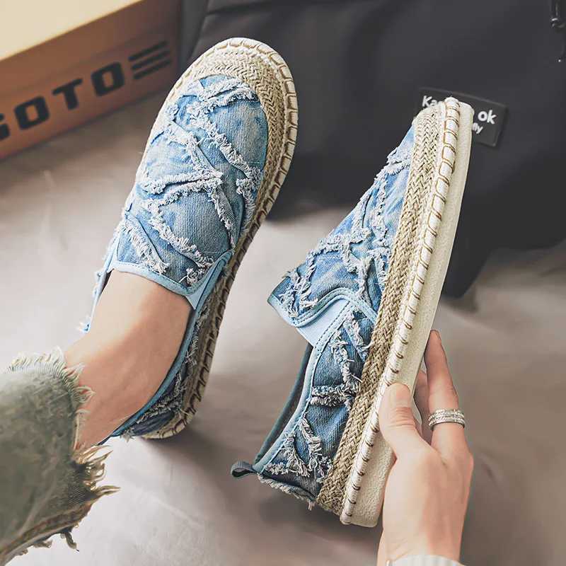 Vintage Casual Summer Designer Espadrilles Men Canvas Breathable Slip on Loafers Mens Flats Driving Shoes M240