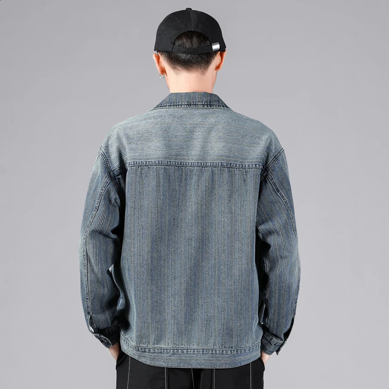 Mens retro striped blue denim jacket autumn Korean fashion pocket elastic cotton casual Plus size 5XL 240921