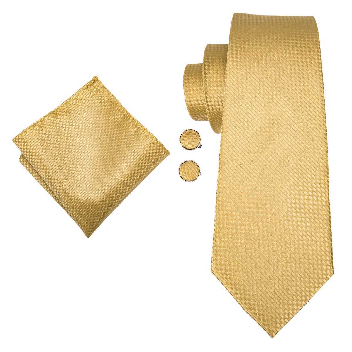 Hi-Tie Solid Gold w Silk Ties For Men Handky Cufflinks Set Fashion Gift For Mens Tie Wedding Business Necktie X2504071