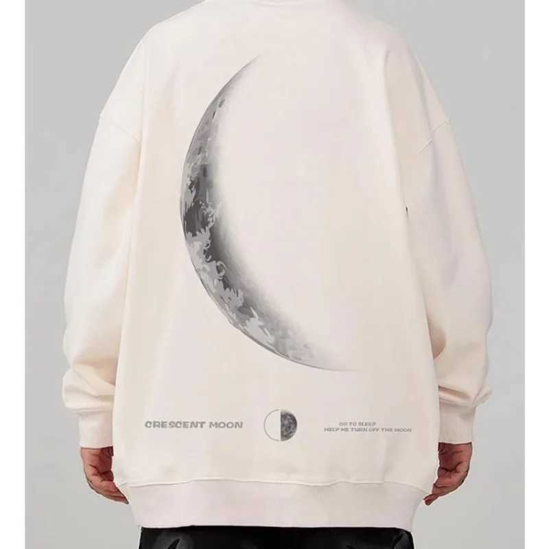 M-8XL Mens Street Sickle Moon Print Oversized Student Leisure Unisex Sweatshirt American Retro Youth Round Neck Sweater XJ250621