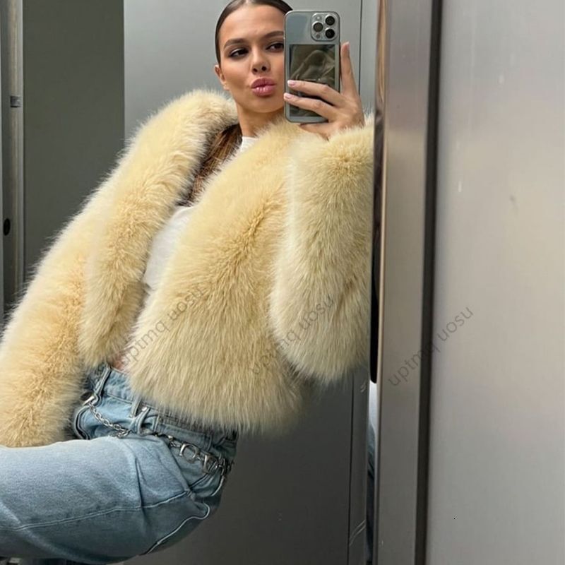 Short Yellow Fox Faux Fur Jacket Winter Coat Women Thick Warm Cozy Fuzzy Vibe Streetwear Stunning Iconic Fashion Parka Outwear