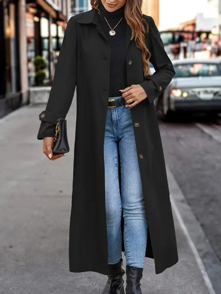 Krismile 2024 Autumn and Winter Fashion Womens Trench Coat Split-Joint Buttoned Loose Long Sleeves Lapel Trench Outerwear 240918