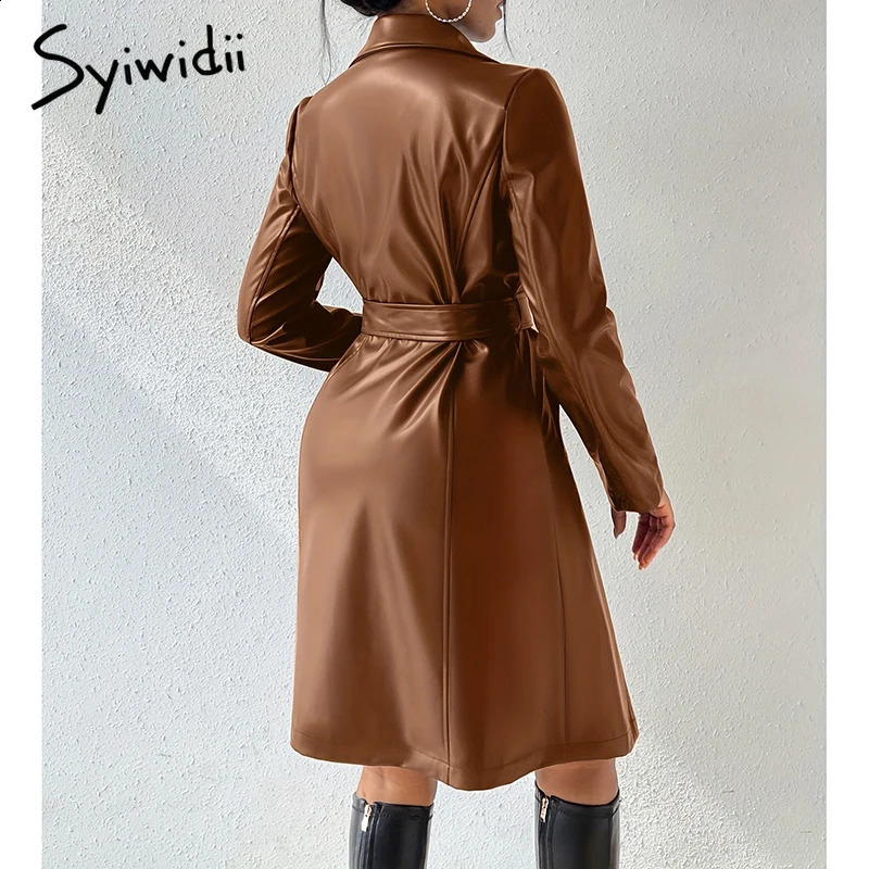 Syiwidii Elegant PU Leather Trench Coat for Women Fashion Lapel Lace Up Midi Length Jacket Autumn Temperament Lady Outerwear 240918