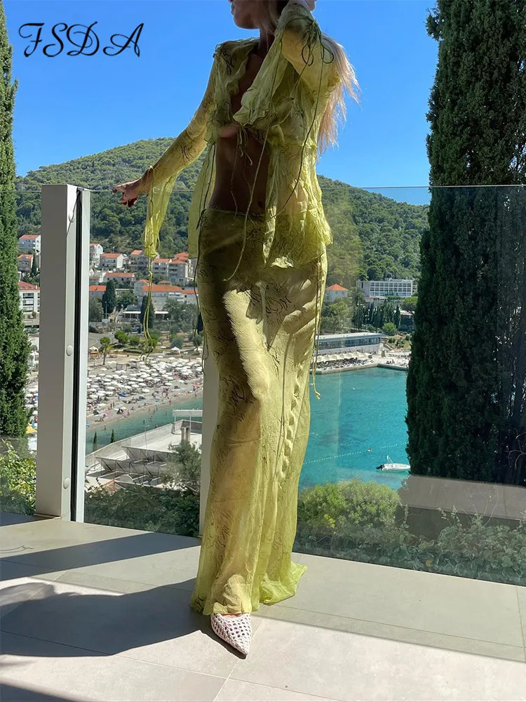 FSDA Print Y2K Mesh Long Sleeve Top Shirts Green And Maxi Skirt Bodycon Sexy Two Piece Sets Beach Outfit Club 240926