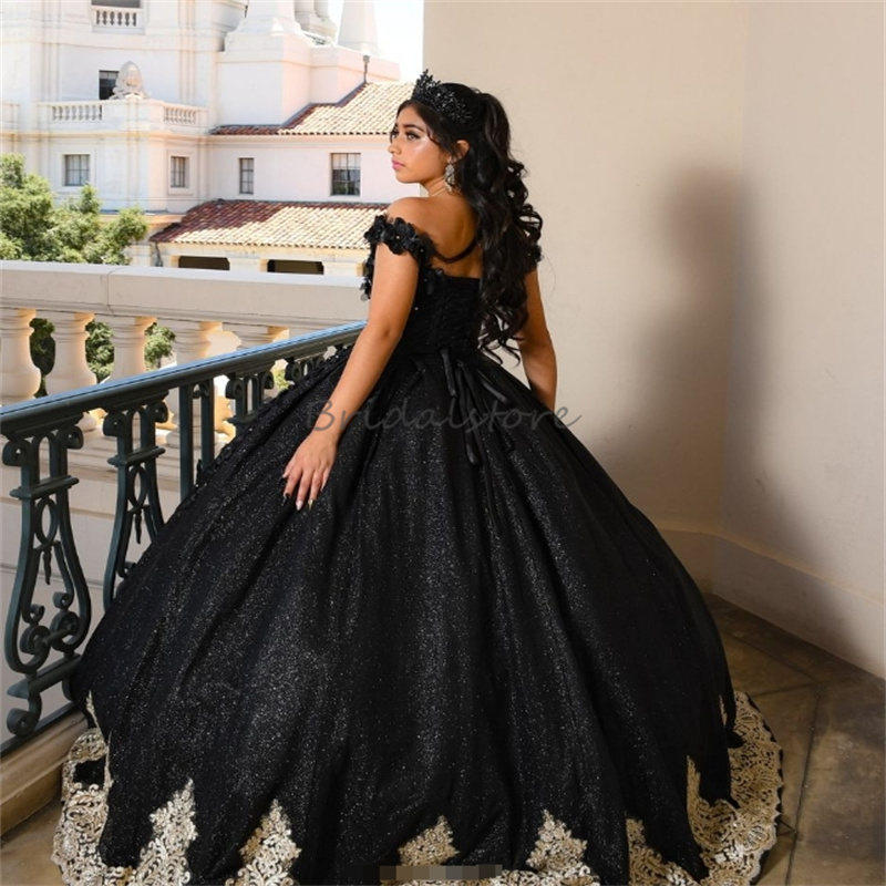 Sparkly Black Charro Quinceanera Dresses With 3D Florals Off Shoulders Glitter Appliques Lace Mexican Birthday Party Dress 2025 Halloween Gothic Debut