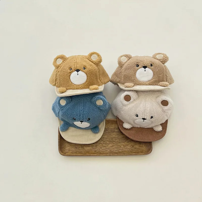 Cute Bear Plush Baby Baseball Hat Warm Cashmere for Winter Children Boy and Girl Cartoon Autumn Childrens Leather 240925