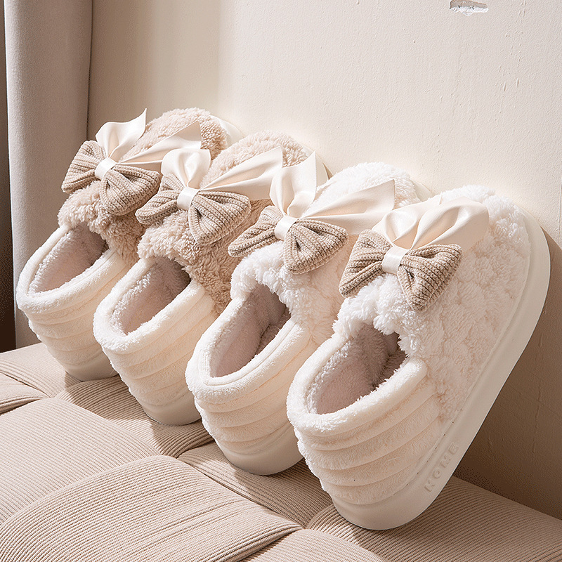 Winter Postpartum Shoes with Thick EVA Sole - Anti-Slip Warm Slippers with Bow Tie Design for Home Use