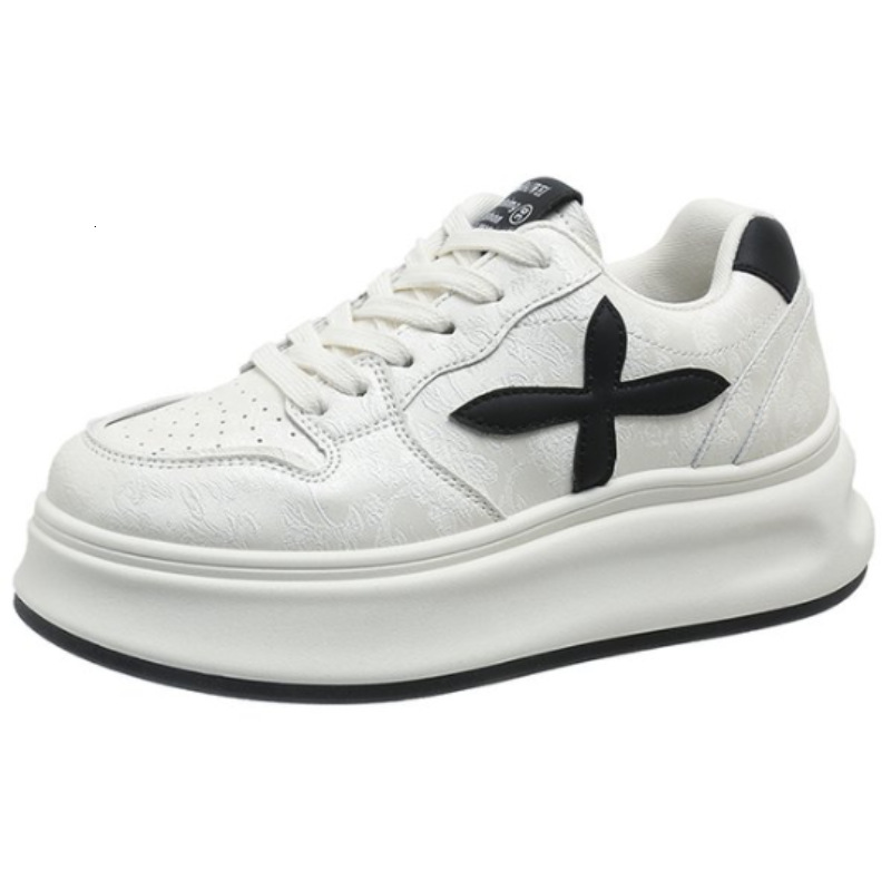 Ddmybear Soft Leather Thick White For Women Spring Cross Flower Versatile Round Sponge Sole Small Height Increasing Casual Board Shoes Chinese Brand S