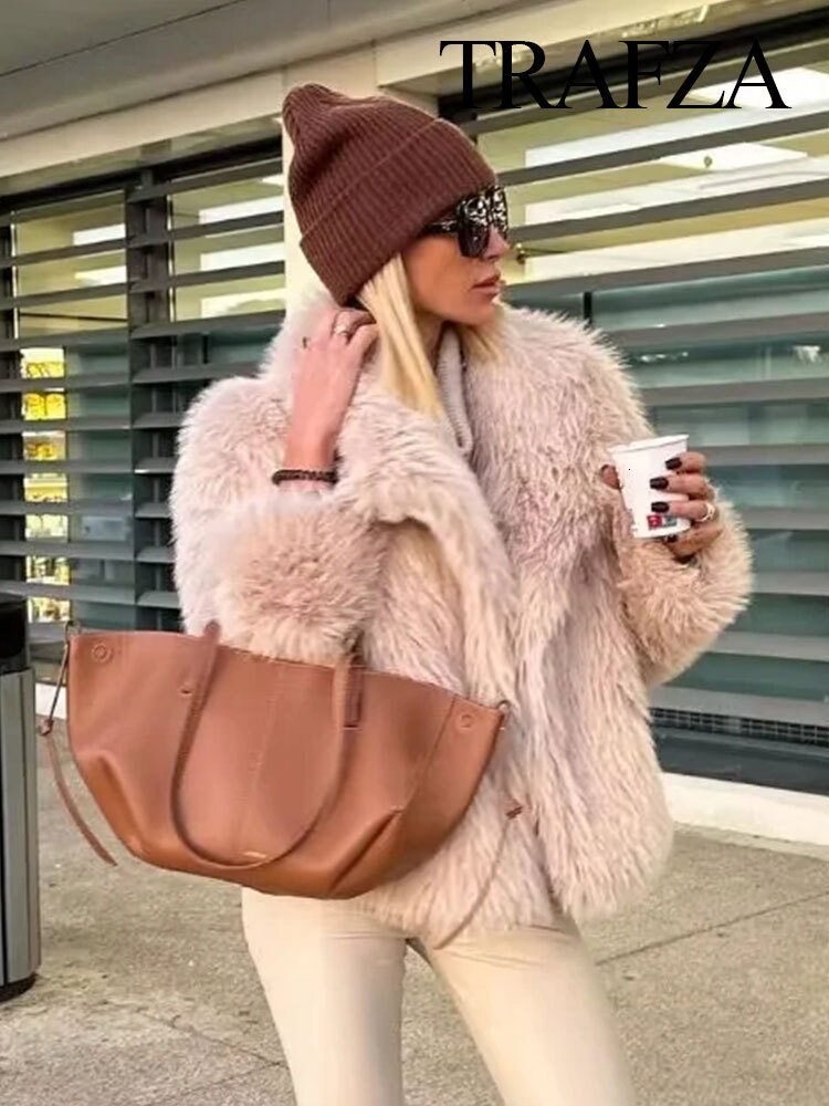 TRAFZA Women's Fashion Faux Fur Cropped Coat Autumn Winter Lapel Long Sleeve Thick Warm Jacket Female Chic Outerwear