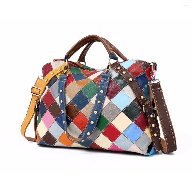 Shoulder Bags Leather Color Checkered Random Cowhide Hand Bag Rivets Women Multi-purpose Bill Crossbody 9e92