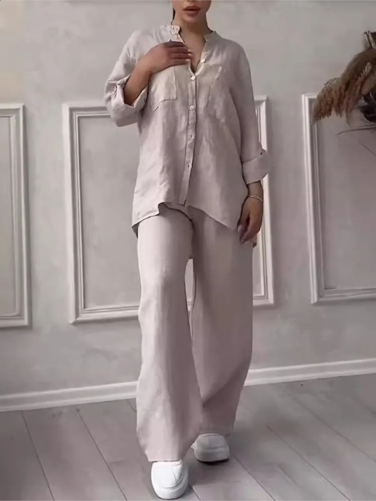 Cotton Linen Shirt Pants 2 Piece Set For Women 2024 Spring Autumn Long Sleeve Blouse Wide Leg Solid Suits Female Casual Outfits 240926