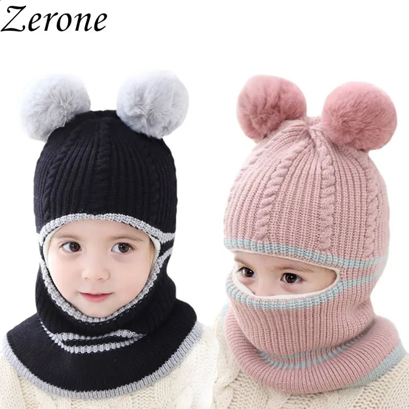 Winter Childrens Cute Plus Velvet Thick Wool Knitted Ball Hat for Girls Korean Version Warm Scarf Boys and Children Hedge 240925
