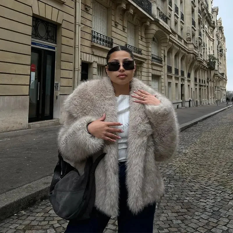 Old Money 2024 Winter Faux Coat Women Big Lapel Collar Iconic Vibe Fuzzy Fox Fur Jacket Grey Gradient Fashion Parka Outwear
