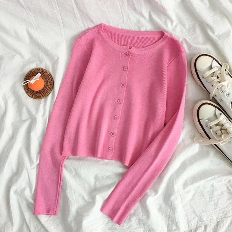 Rin Confa Women Fine Knit Cardigan Top Crew Neck Button Front Long Sleeve Femme Casual Spring Light Cropped 240919