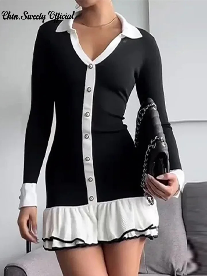 Elegant Knitted Ruffles Mini Dres Patchwork Long Sleeve Vneck Bow Backless Single Breasted Dresses 2024 Lady Party Robe 240915