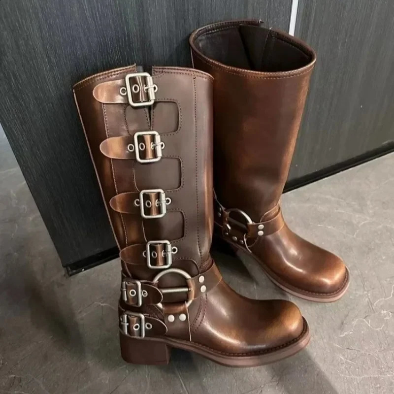 Latest Autumn/Winter Retro Summer Thin Western Cowboy Boots Middle Heel Boots Leather Knight Boots Zapatos Mujer 240926