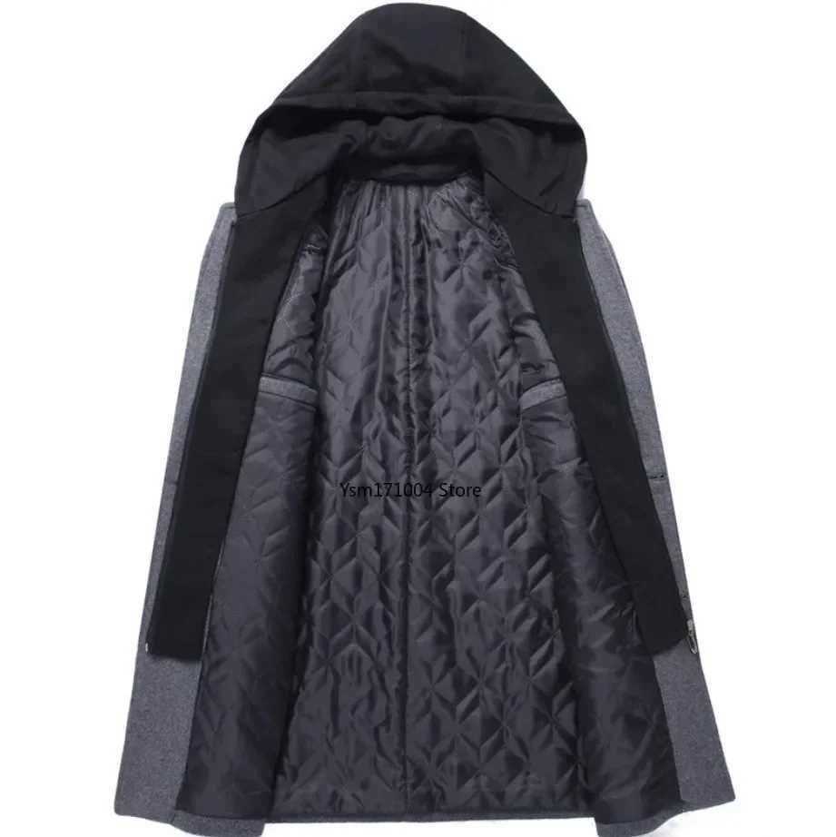Winter New Mens Business Leisure Hooded Cashmere Coat Thickened Warm Leaf Two Piece Windproof Machine Grey Hooded Windproof Machine W240925