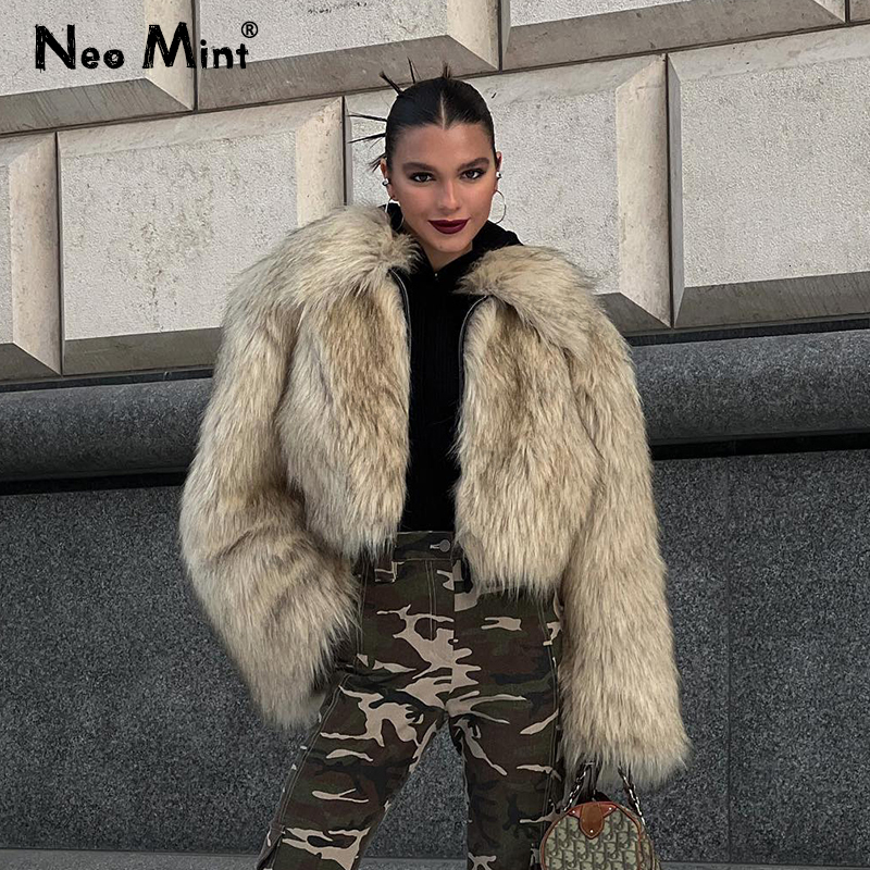 Neo Mint 2024 Winter Fluffy Gradient Faux Coat Women Thicken Warm Fox Jacket Girls Streetwear Style Furry Fur Overcoat