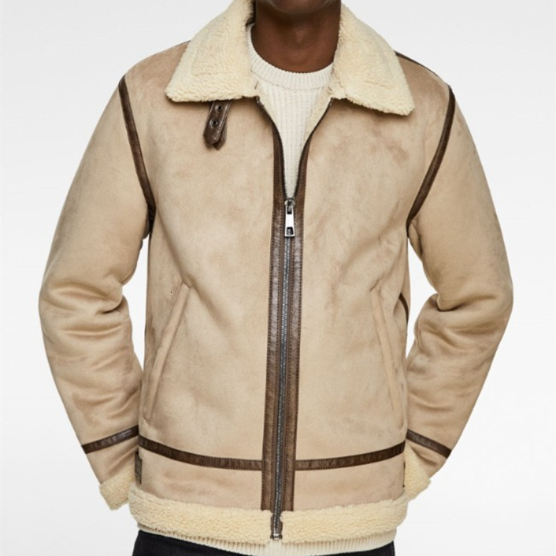 High-Quality Lapel Suede Cashmere Piping Double-Sided Motorcycle Punk Winter Leather Jacket For Men Warm Winte