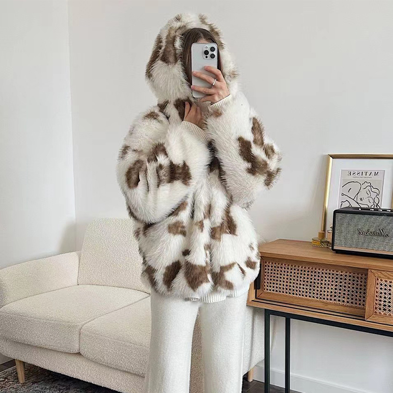 Oversized Leopard Faux Coat Women Winter Sweet Haruku Y2k Fashion Girls Thicken Fox Fur Jacket Hooded Overcoat Outwear
