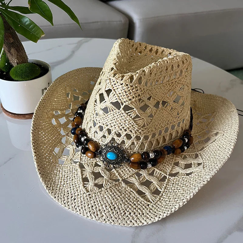Vintage Summer Beach Bohemian Straw Hat Shell Womens Western Cowboy Hat Wooden Bead Hollow Sun Hat Holiday Hat 240924