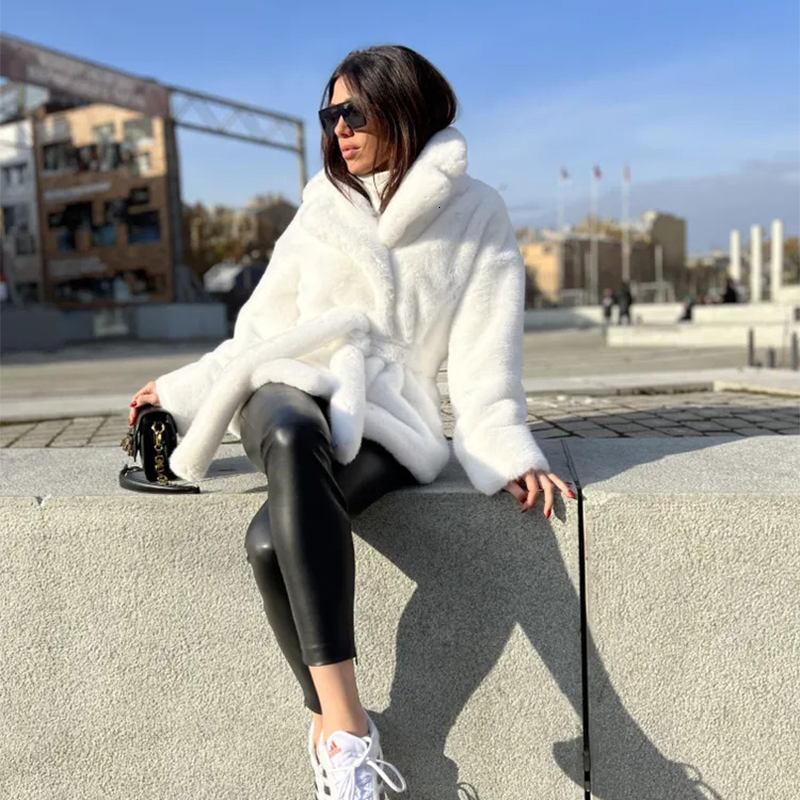 Pure White Belted Faux Fur Coat Women Thick Warm Fluffy Plush Jacket Chic Ladies Street Fashion Winter Overcoats Outfits