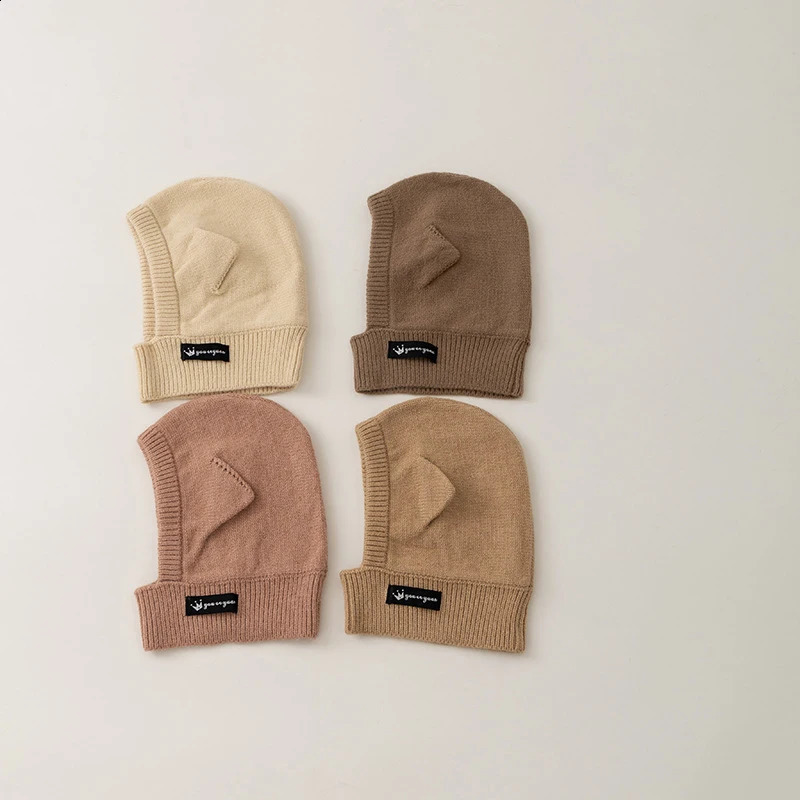 Cartoon Baby One Piece Hat Scarf Winter Warm Knitted Ear Protection Bean Cute Solid Color Childrens Balaclava 240925