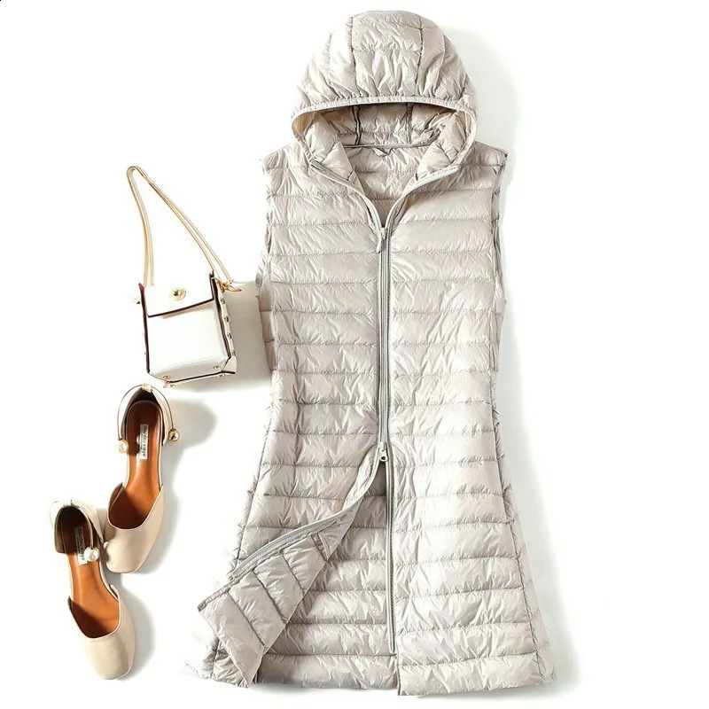 Womens ultra light white duck down vest ultra-thin sleeveless hooded jacket autumn womens long waist coat cushioning suit Parkas top 4XL 240925